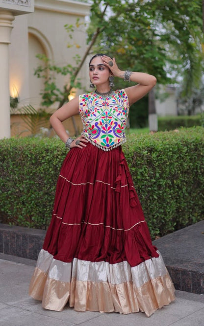 Maroon Pure Georgette Lampi Lace Kutchi Work Navratri Lehenga Choli