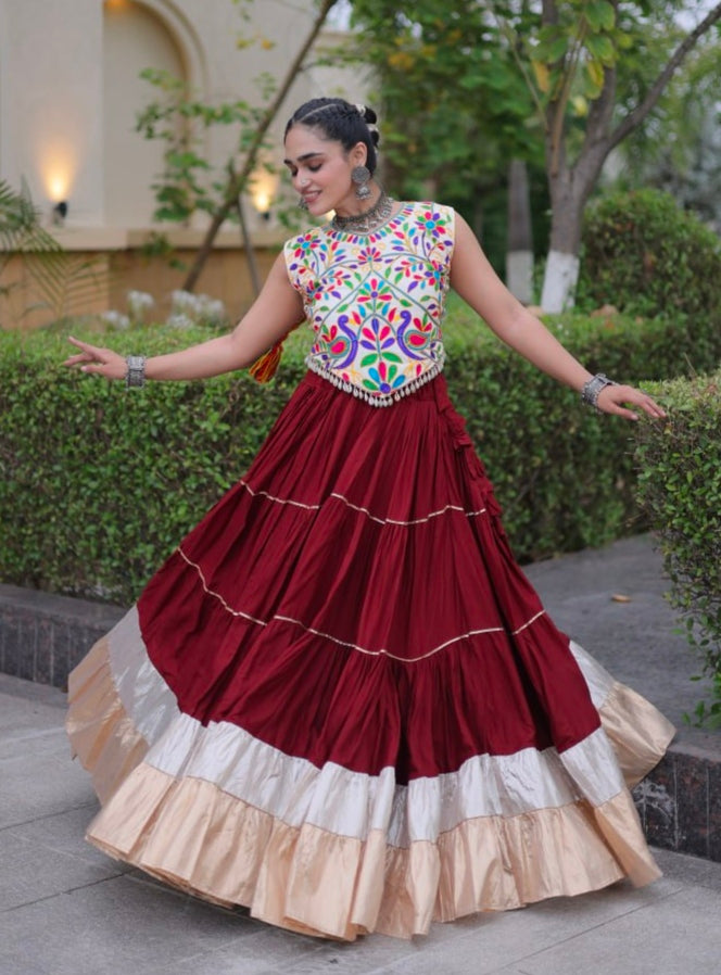 Maroon Pure Georgette Lampi Lace Kutchi Work Navratri Lehenga Choli