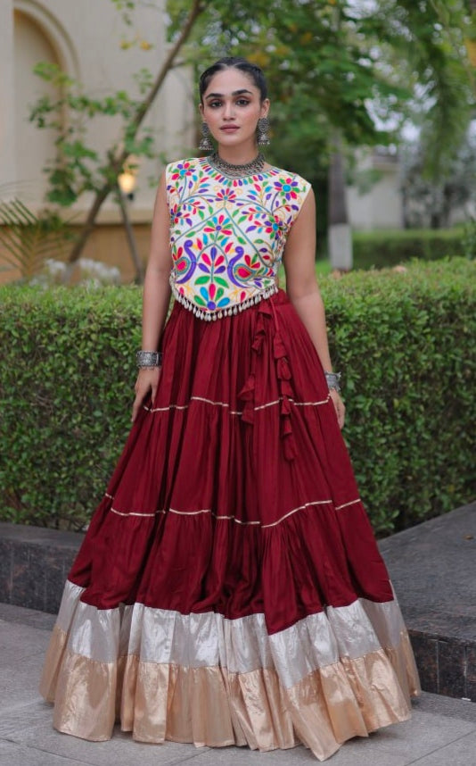 Maroon Pure Georgette Lampi Lace Kutchi Work Navratri Lehenga Choli