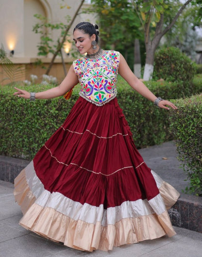 Maroon Pure Georgette Lampi Lace Kutchi Work Navratri Lehenga Choli