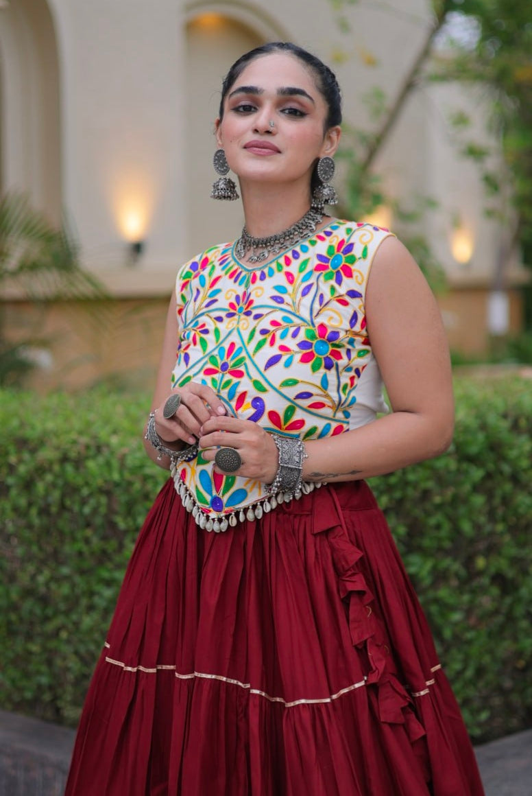 Maroon Pure Georgette Lampi Lace Kutchi Work Navratri Lehenga Choli
