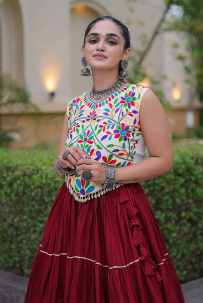 Maroon Pure Georgette Lampi Lace Kutchi Work Navratri Lehenga Choli
