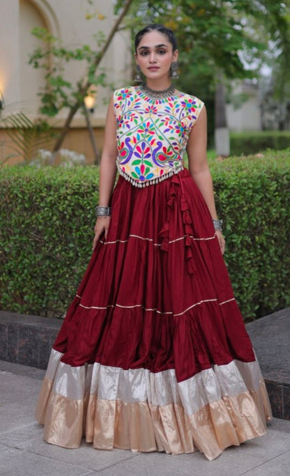 Maroon Pure Georgette Lampi Lace Kutchi Work Navratri Lehenga Choli