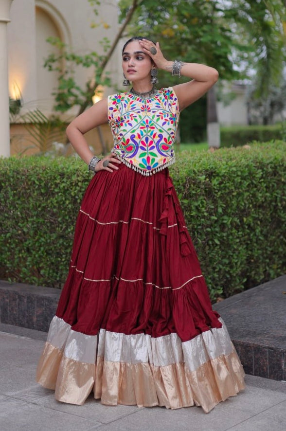 Maroon Pure Georgette Lampi Lace Kutchi Work Navratri Lehenga Choli