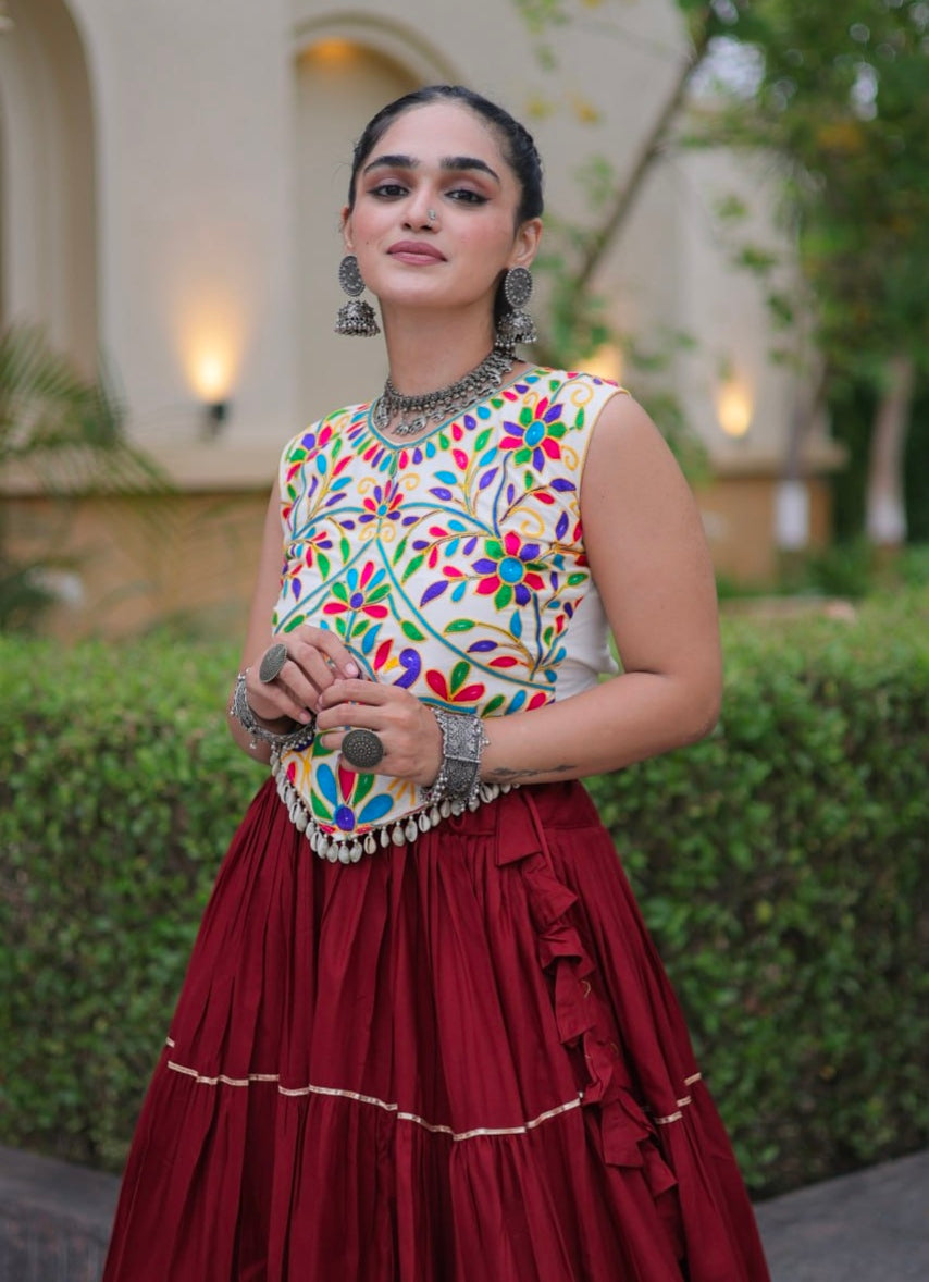 Maroon Pure Georgette Lampi Lace Kutchi Work Navratri Lehenga Choli