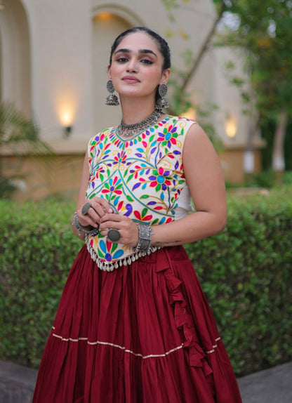 Maroon Pure Georgette Lampi Lace Kutchi Work Navratri Lehenga Choli