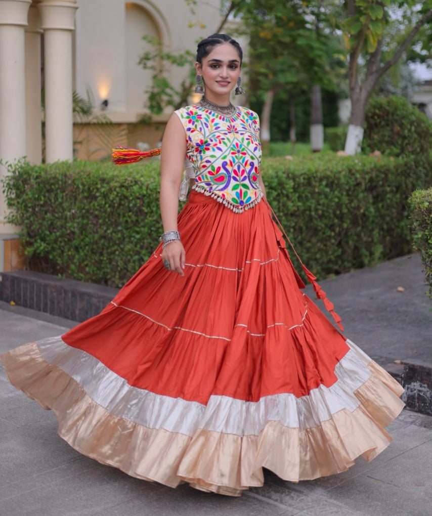 Orange Pure Georgette Lampi Lace Kutchi Work Navratri Lehenga Choli
