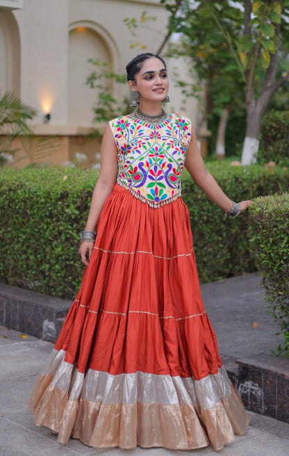 Orange Pure Georgette Lampi Lace Kutchi Work Navratri Lehenga Choli