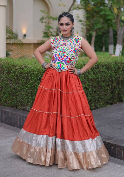 Orange Pure Georgette Lampi Lace Kutchi Work Navratri Lehenga Choli