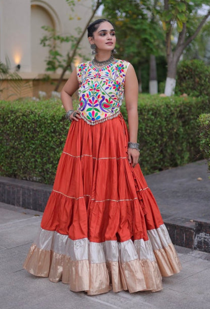 Orange Pure Georgette Lampi Lace Kutchi Work Navratri Lehenga Choli