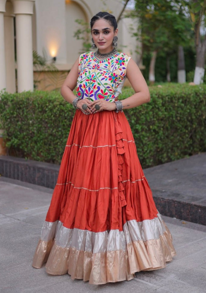 Orange Pure Georgette Lampi Lace Kutchi Work Navratri Lehenga Choli