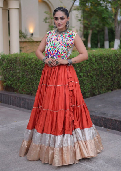Orange Pure Georgette Lampi Lace Kutchi Work Navratri Lehenga Choli