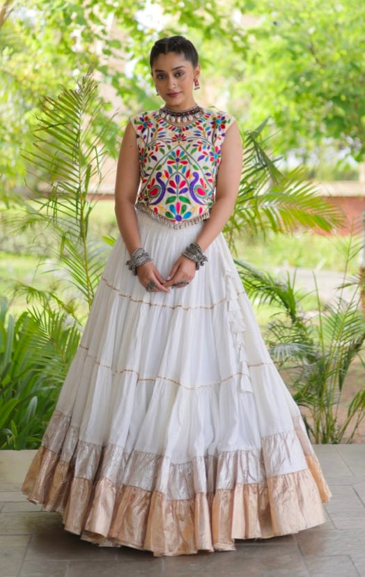 White Pure Georgette Lampi Lace Kutchi Work Navratri Lehenga Choli