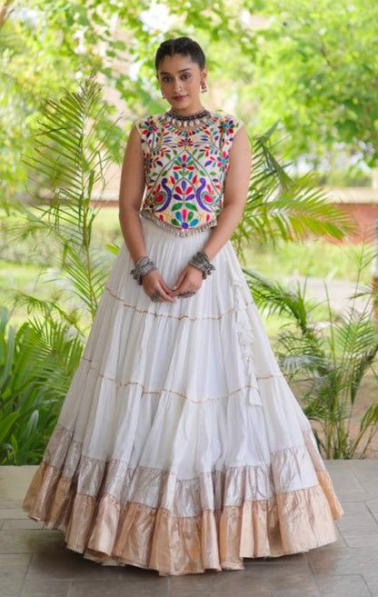 White Pure Georgette Lampi Lace Kutchi Work Navratri Lehenga Choli