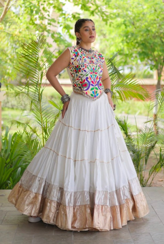 White Pure Georgette Lampi Lace Kutchi Work Navratri Lehenga Choli
