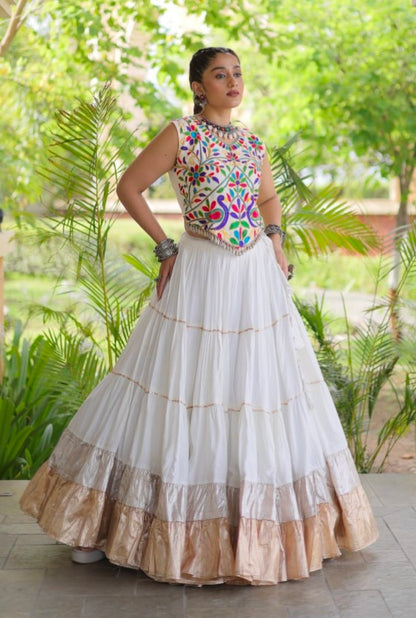 White Pure Georgette Lampi Lace Kutchi Work Navratri Lehenga Choli