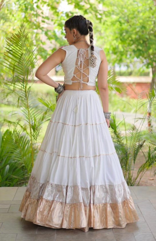 White Pure Georgette Lampi Lace Kutchi Work Navratri Lehenga Choli