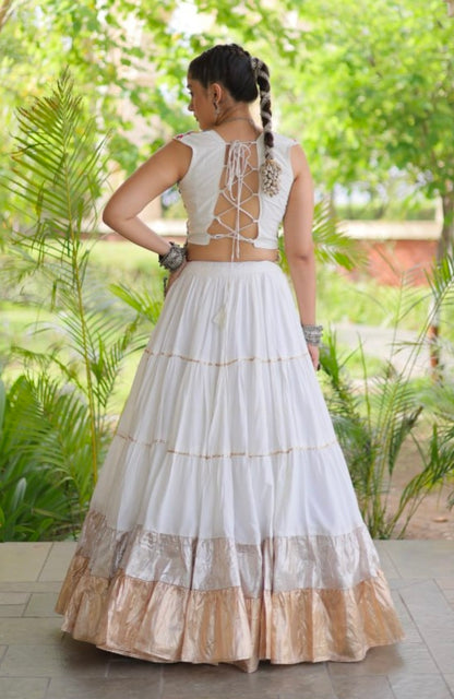 White Pure Georgette Lampi Lace Kutchi Work Navratri Lehenga Choli