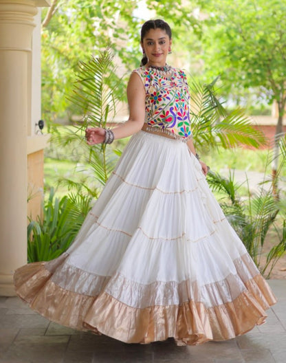 White Pure Georgette Lampi Lace Kutchi Work Navratri Lehenga Choli