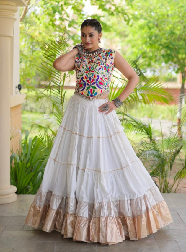 White Pure Georgette Lampi Lace Kutchi Work Navratri Lehenga Choli