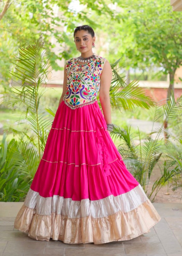 Pink Pure Georgette Lampi Lace Kutchi Work Navratri Lehenga Choli