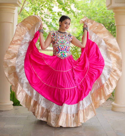 Pink Pure Georgette Lampi Lace Kutchi Work Navratri Lehenga Choli
