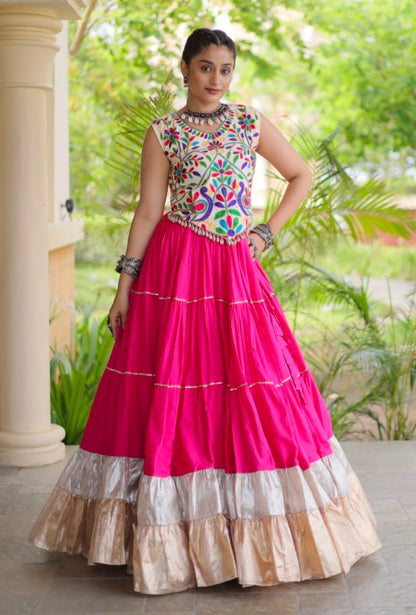 Pink Pure Georgette Lampi Lace Kutchi Work Navratri Lehenga Choli