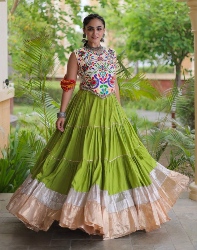Green Pure Georgette Lampi Lace Kutchi Work Navratri Lehenga Choli
