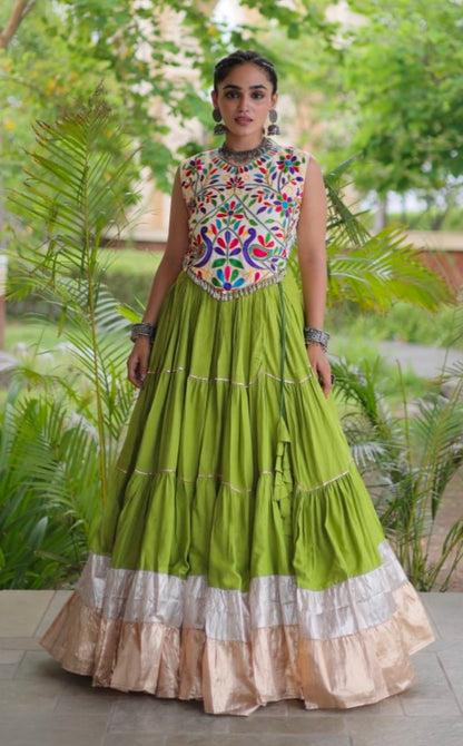 Green Pure Georgette Lampi Lace Kutchi Work Navratri Lehenga Choli