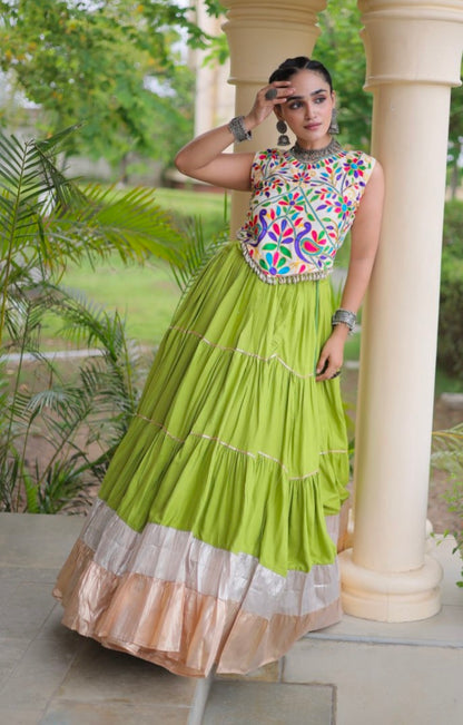 Green Pure Georgette Lampi Lace Kutchi Work Navratri Lehenga Choli