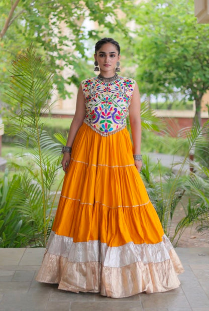 Yellow Pure Georgette Lampi Lace Kutchi Work Navratri Lehenga Choli