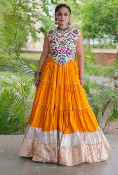 Yellow Pure Georgette Lampi Lace Kutchi Work Navratri Lehenga Choli