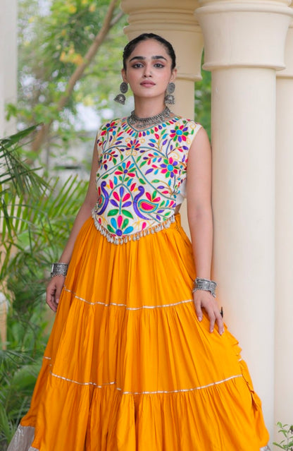 Yellow Pure Georgette Lampi Lace Kutchi Work Navratri Lehenga Choli