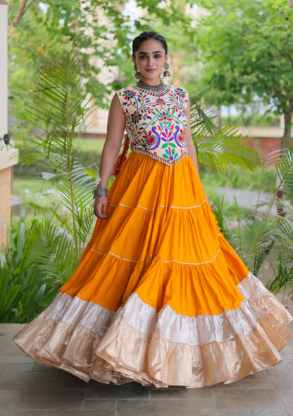 Yellow Pure Georgette Lampi Lace Kutchi Work Navratri Lehenga Choli