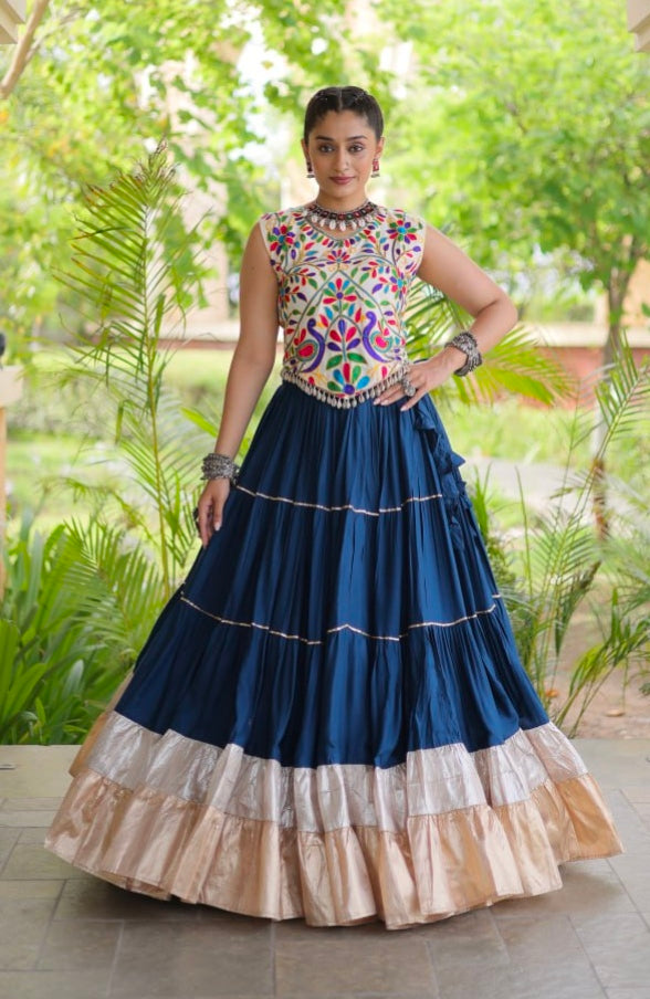 Blue Pure Georgette Lampi Lace Kutchi Work Navratri Lehenga Choli