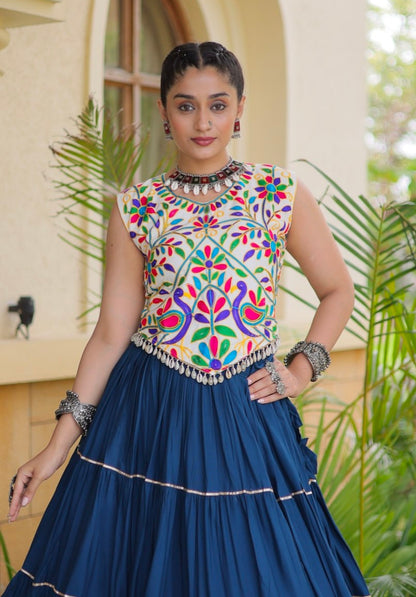 Blue Pure Georgette Lampi Lace Kutchi Work Navratri Lehenga Choli