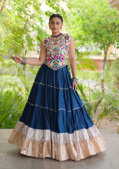 Blue Pure Georgette Lampi Lace Kutchi Work Navratri Lehenga Choli