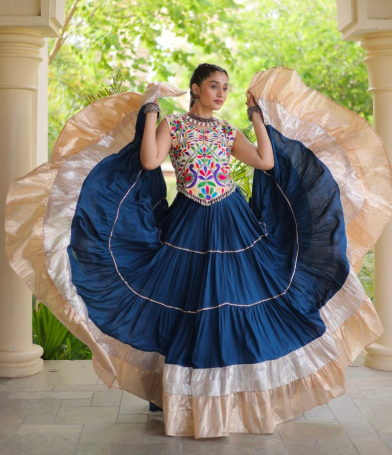 Blue Pure Georgette Lampi Lace Kutchi Work Navratri Lehenga Choli