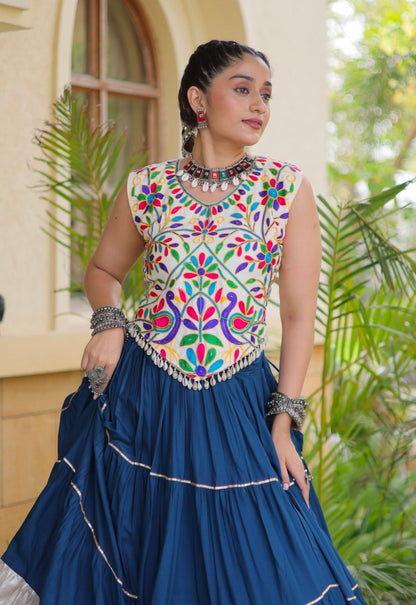 Blue Pure Georgette Lampi Lace Kutchi Work Navratri Lehenga Choli