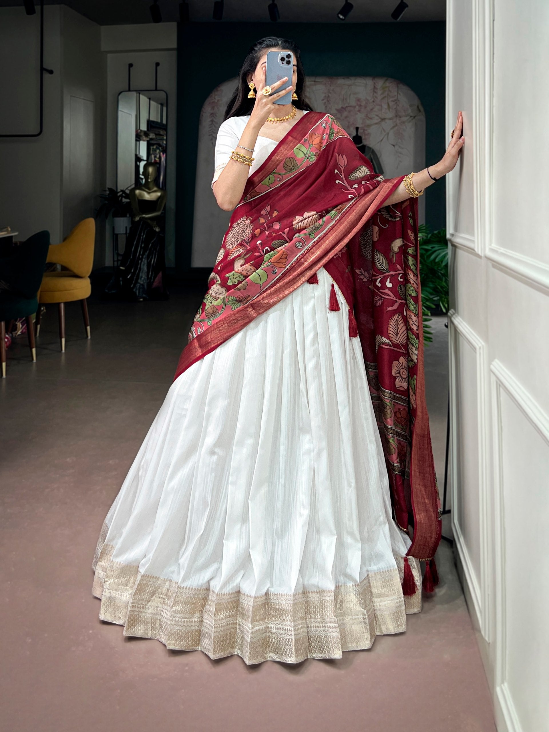 White Pure Poly Kanjivaram Tradition Zari Weaving Work South Indian Lehenga Choli