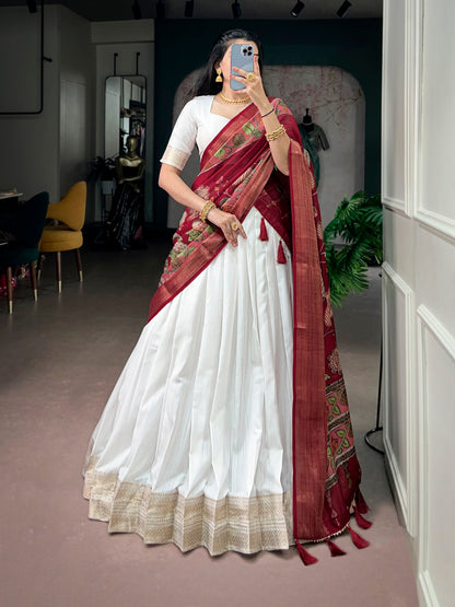 White Pure Poly Kanjivaram Tradition Zari Weaving Work South Indian Lehenga Choli