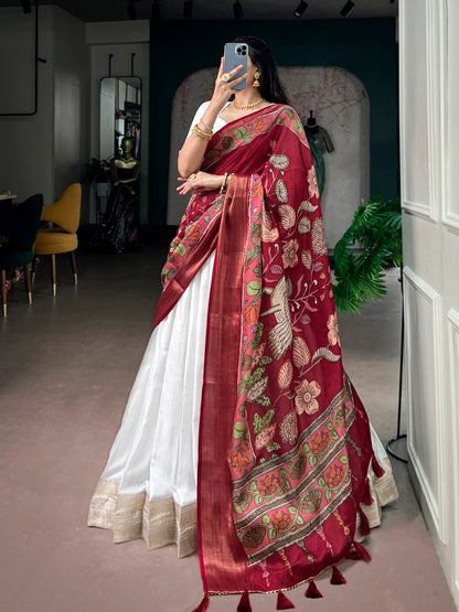 White Pure Poly Kanjivaram Tradition Zari Weaving Work South Indian Lehenga Choli