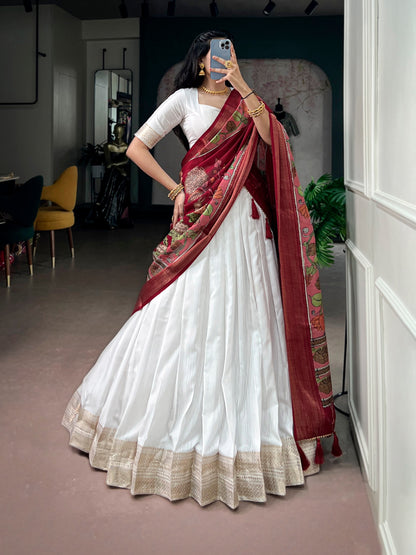 White Pure Poly Kanjivaram Tradition Zari Weaving Work South Indian Lehenga Choli