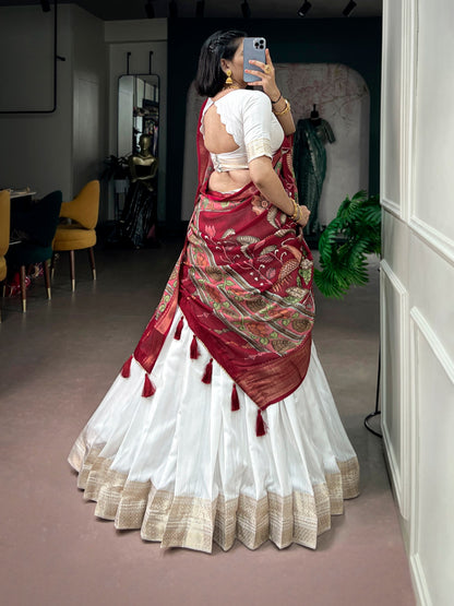White Pure Poly Kanjivaram Tradition Zari Weaving Work South Indian Lehenga Choli