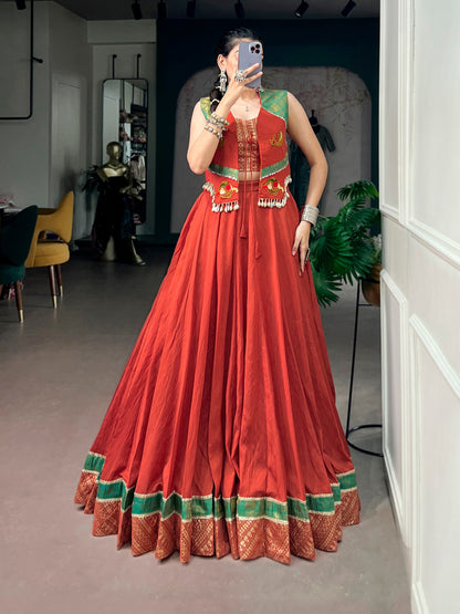 Red Pure Chanderi Silk Navratri Dandiya Lehenga Choli