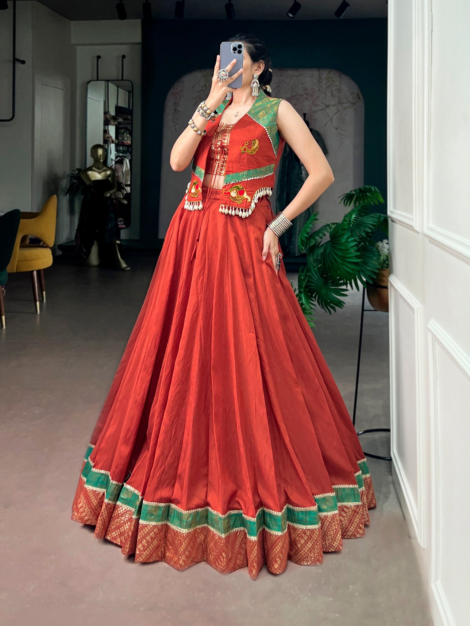 Red Pure Chanderi Silk Navratri Dandiya Lehenga Choli