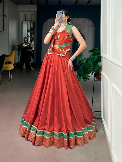Red Pure Chanderi Silk Navratri Dandiya Lehenga Choli