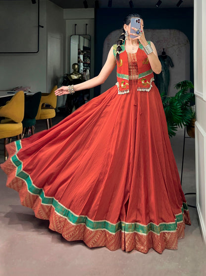 Red Pure Chanderi Silk Navratri Dandiya Lehenga Choli