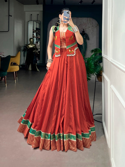 Red Pure Chanderi Silk Navratri Dandiya Lehenga Choli