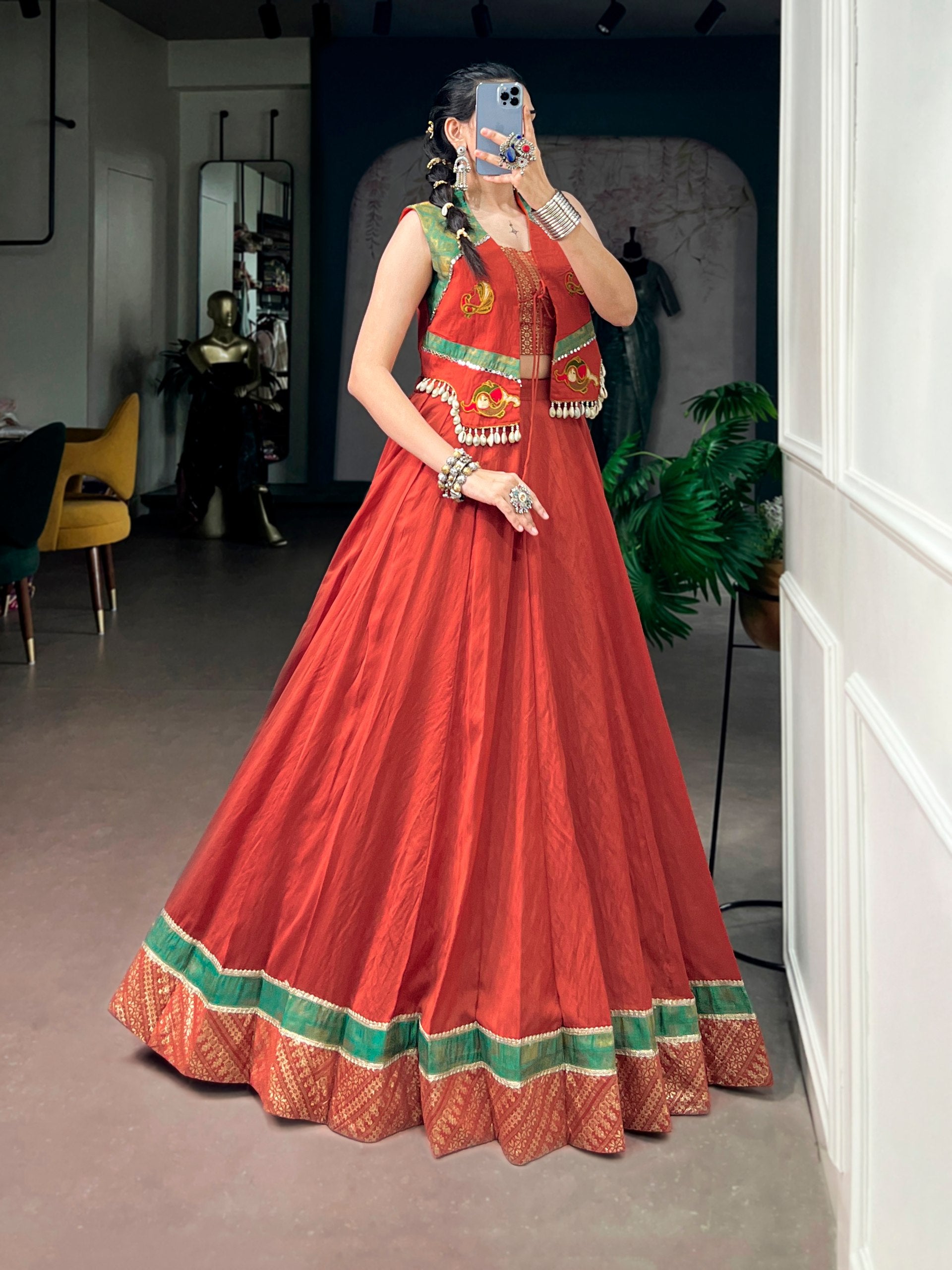 Red Pure Chanderi Silk Navratri Dandiya Lehenga Choli
